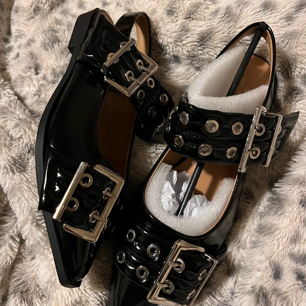 Soda Black Patent Flats with Silver Buckles
